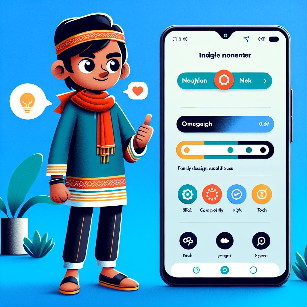 Cartoon character holding a smartphone with a bright app interface and Bangladesh-themed colors