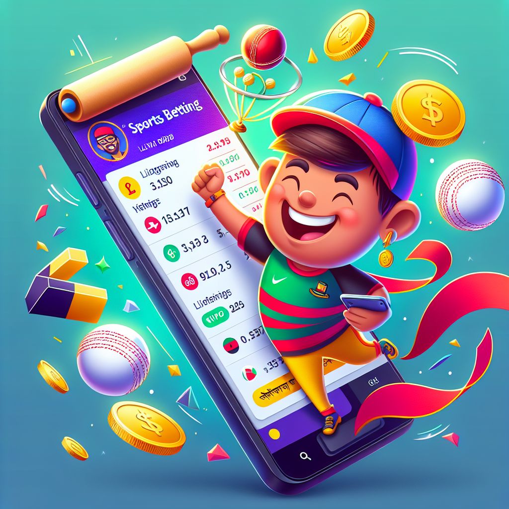 Cartoon sports fan holding a betting slip with cricket and football icons and coins