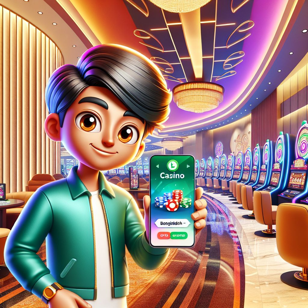 3333bed Casino cartoon character holding chips and a phone in a casino lobby