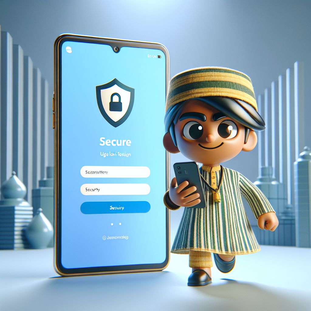 Cartoon character holding a phone with a secure login screen and shield icon