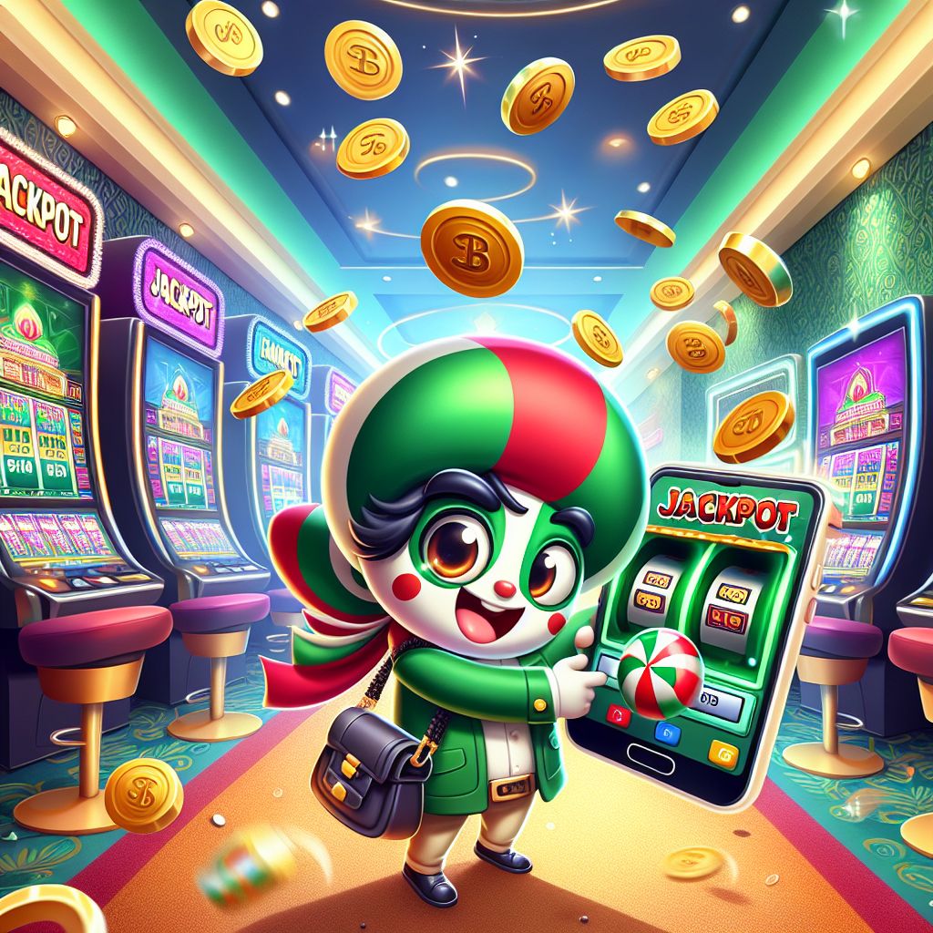 Cartoon-style character celebrating a slot win with coins and reels in a Bangladesh-themed color palette